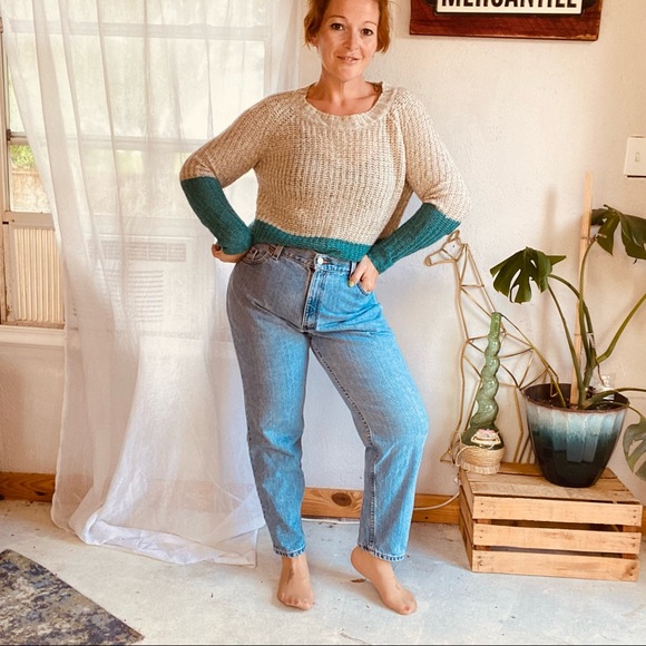 John + Jenn Color Block Lightweight Teal Retro Style Boxy Sweater size Small - Picture 2 of 14